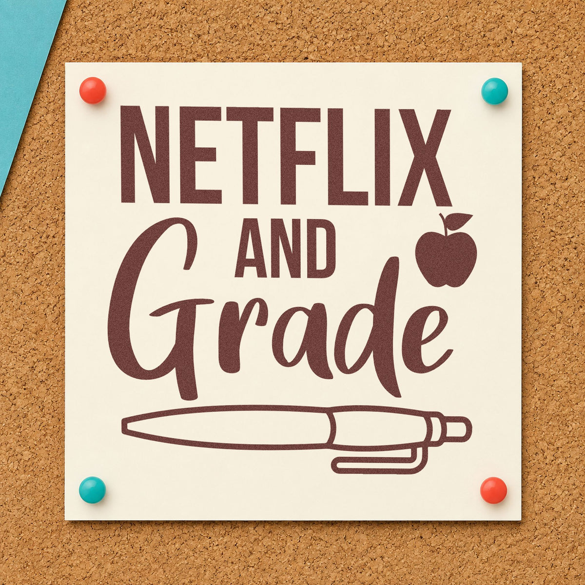 Netflix And Grade Pen rubber stamp printed in brown ink, ready for snack bowl labels and similar paper crafts.