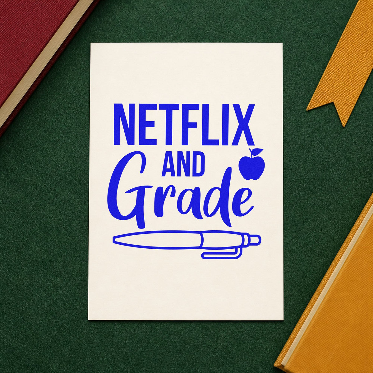 Netflix And Grade Pen craft stamp in blue ink on cardstock, an easy option for blanket corner panels.