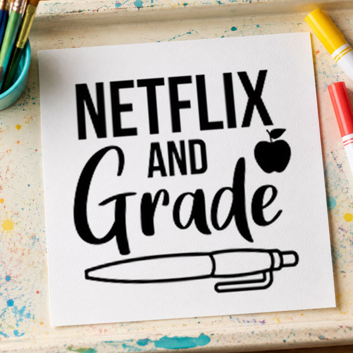 Netflix And Grade Pen rubber stamp printed in black ink, ready for netflix and grade cards and similar paper crafts.