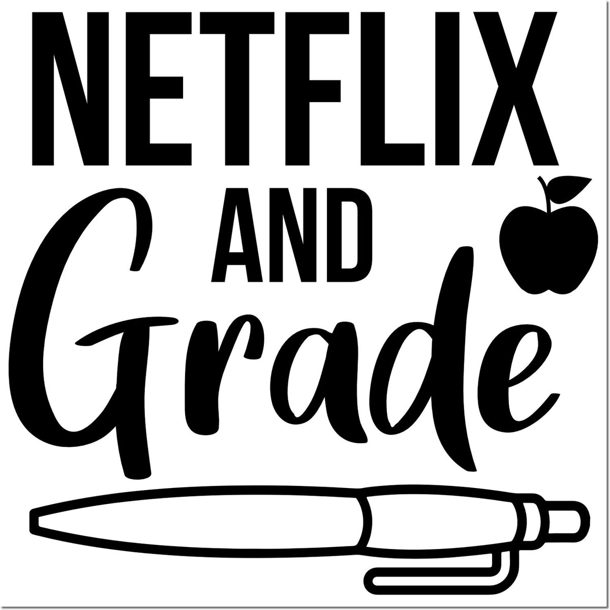 Black Netflix and Grade stamp design with apple icon and pen outline, in bold black lettering on white background.