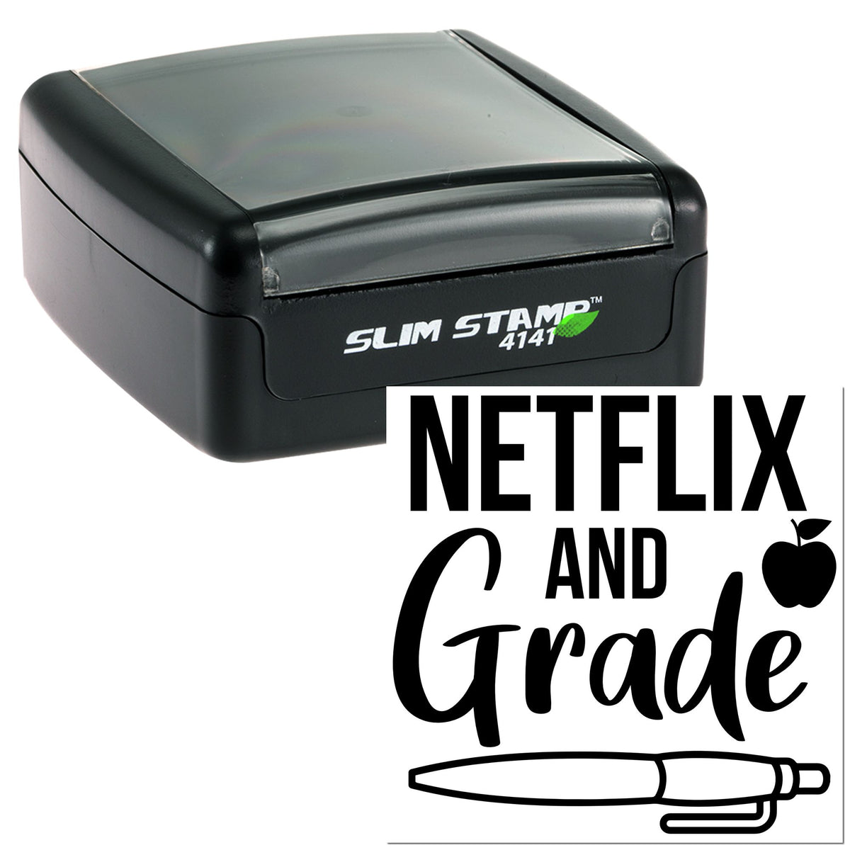Black Slim Stamp 4141 self-inking stamp with clear lid, beside a black Netflix and Grade seal design.