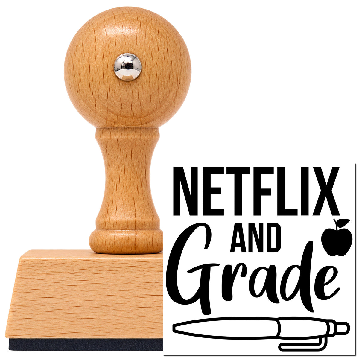 Vintage Pro beech wood stamp with a round knob handle, shown with its black Apple And Pen With Netflix And Grade imprint on white.