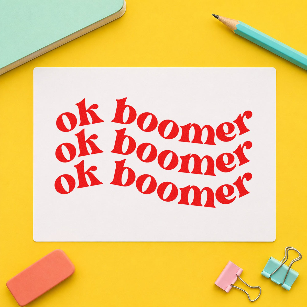 Repeated Wavy Ok Boomer rubber stamp shown in red ink, stamped for projects such as long service notes.