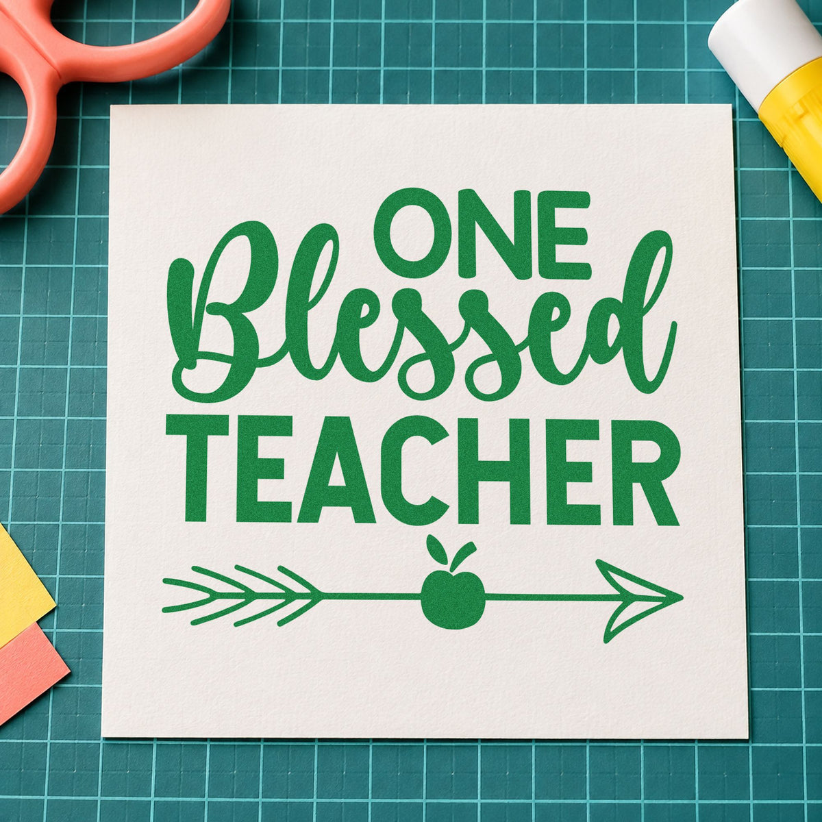 One Blessed Teacher Apple craft stamp imprint in green ink on a handmade project, one idea being gratitude log pages.