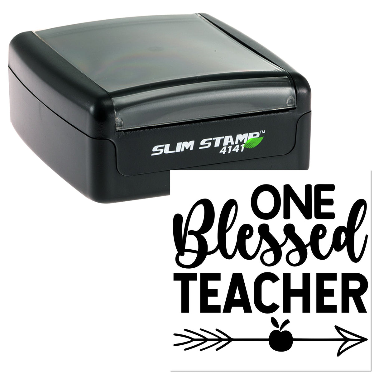 Black Slim Stamp 4141 self-inking stamp with One Blessed Teacher design, apple and arrow on white.