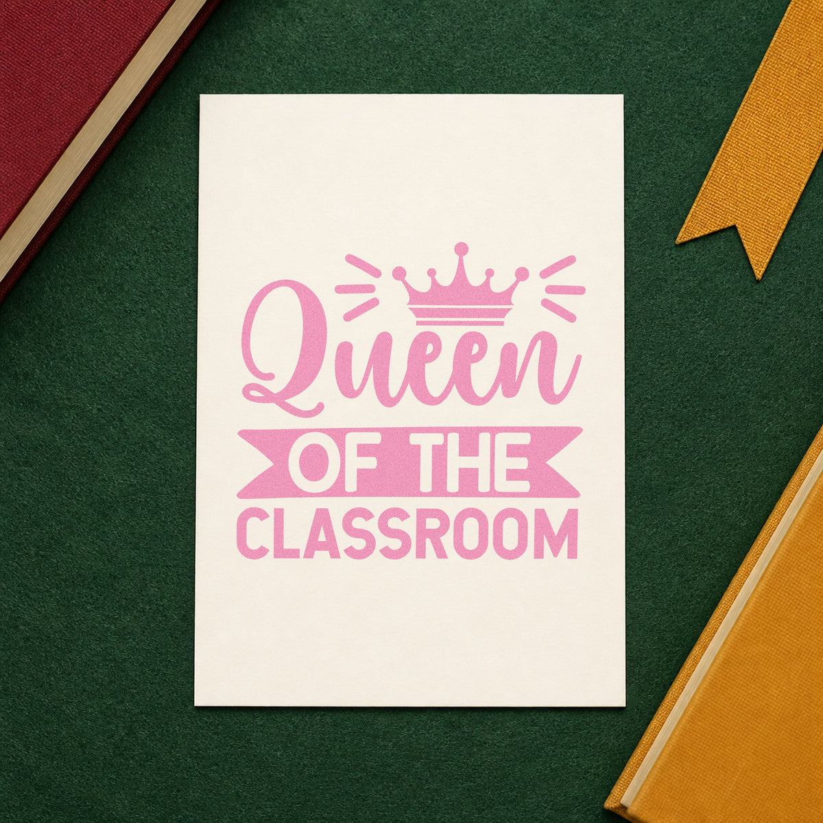 Queen Of The Classroom craft stamp in purple ink on cardstock, an easy option for coronation tags.