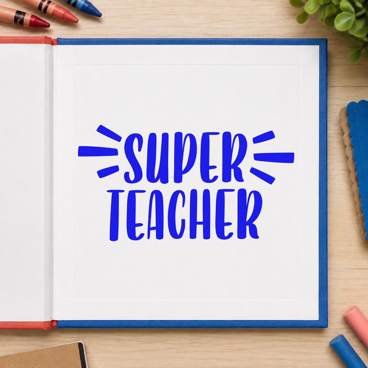 Super Teacher Bold Lettering craft stamp in blue ink on cardstock, an easy option for cape hem panels.