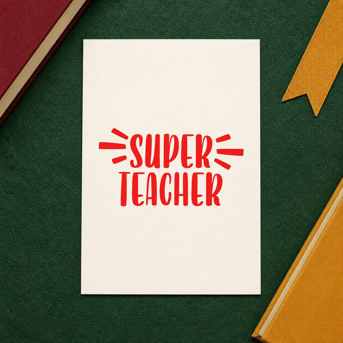 Super Teacher Bold Lettering rubber stamp shown in red ink, stamped for projects such as assembly day notes.