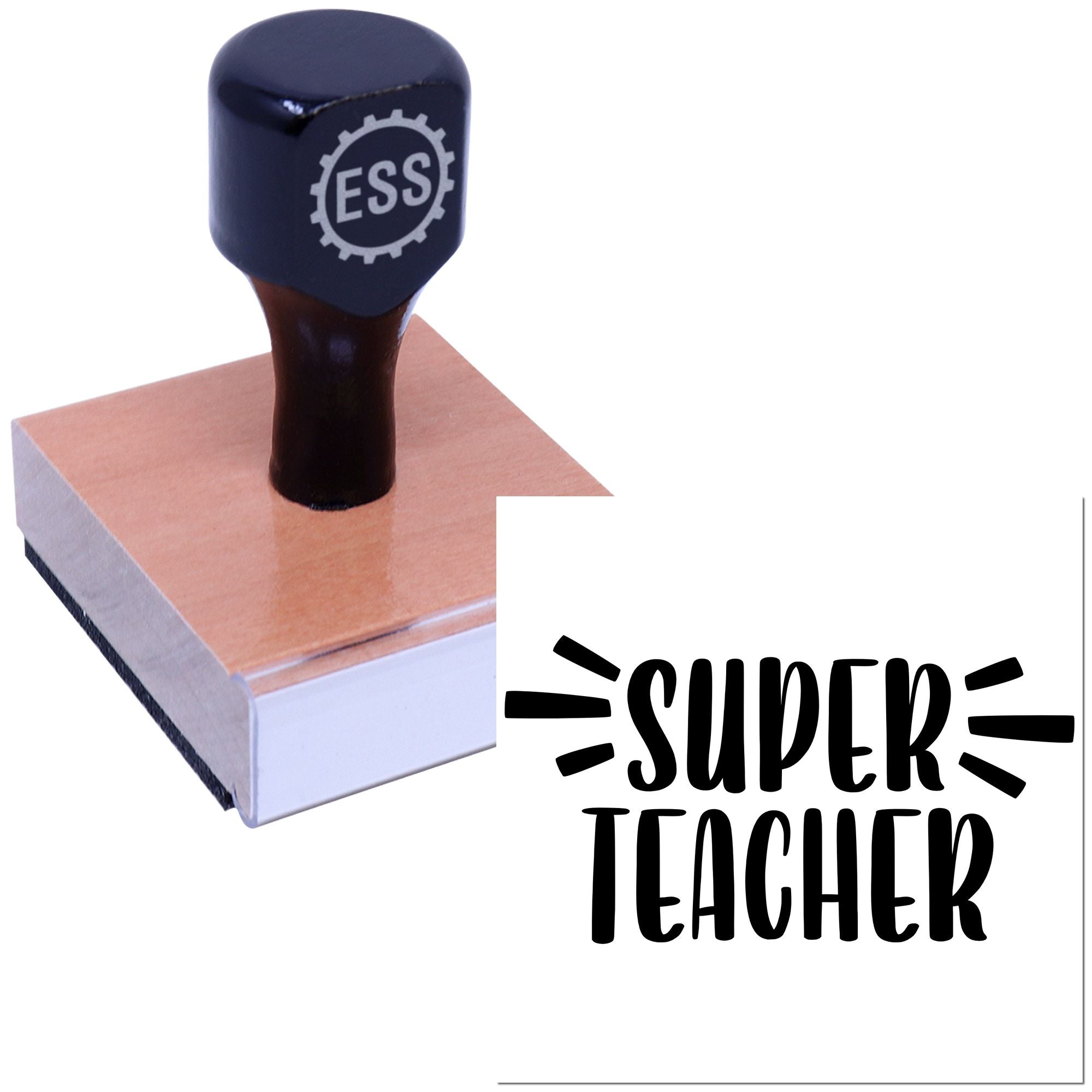 Black self-inking stamp with ESS gear logo, pink rubber base, and Super Teacher seal on white background.