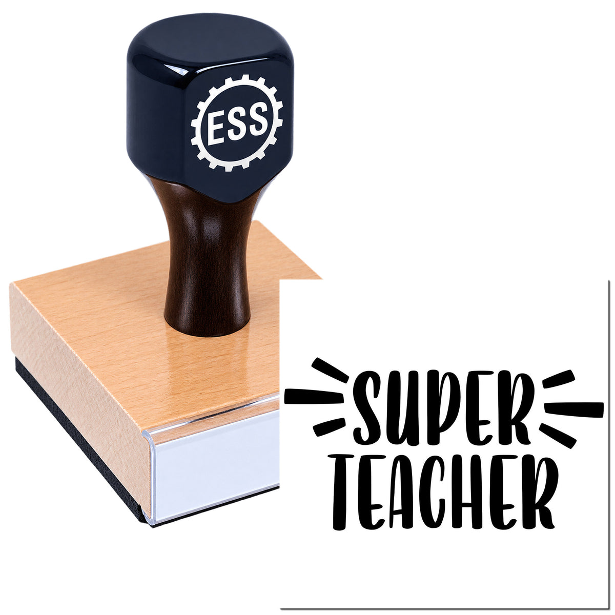 Black self-inking stamp with ESS gear logo, pink rubber base, and "Super Teacher" seal on white background.