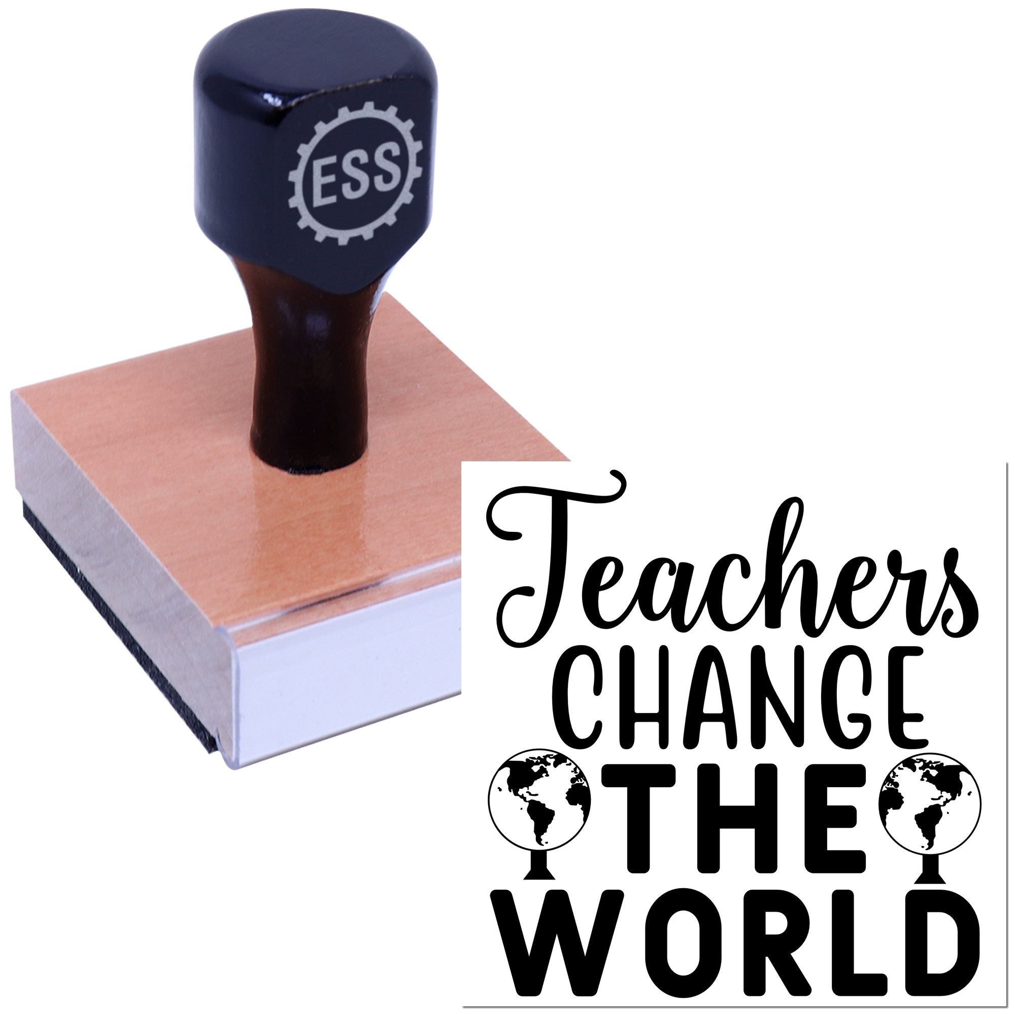 Dark blue ESSE rubber stamp on a wooden block with Teachers Change the World seal design.