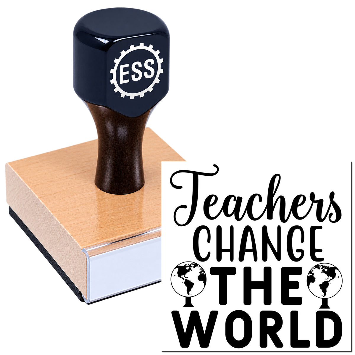 Dark blue ESSE rubber stamp on a wooden block with "Teachers Change the World" seal design.