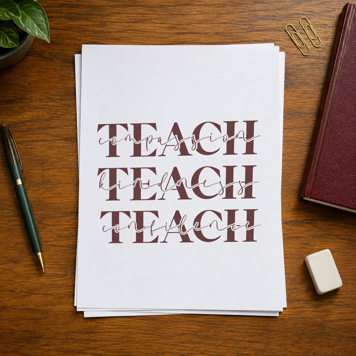 Teach Compassion Kindness Confidence rubber stamp printed in brown ink, ready for kindness tin labels and similar paper crafts.