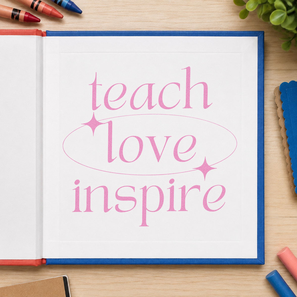Teach Love Inspire Orbit craft stamp in purple ink on cardstock, an easy option for space unit tags.