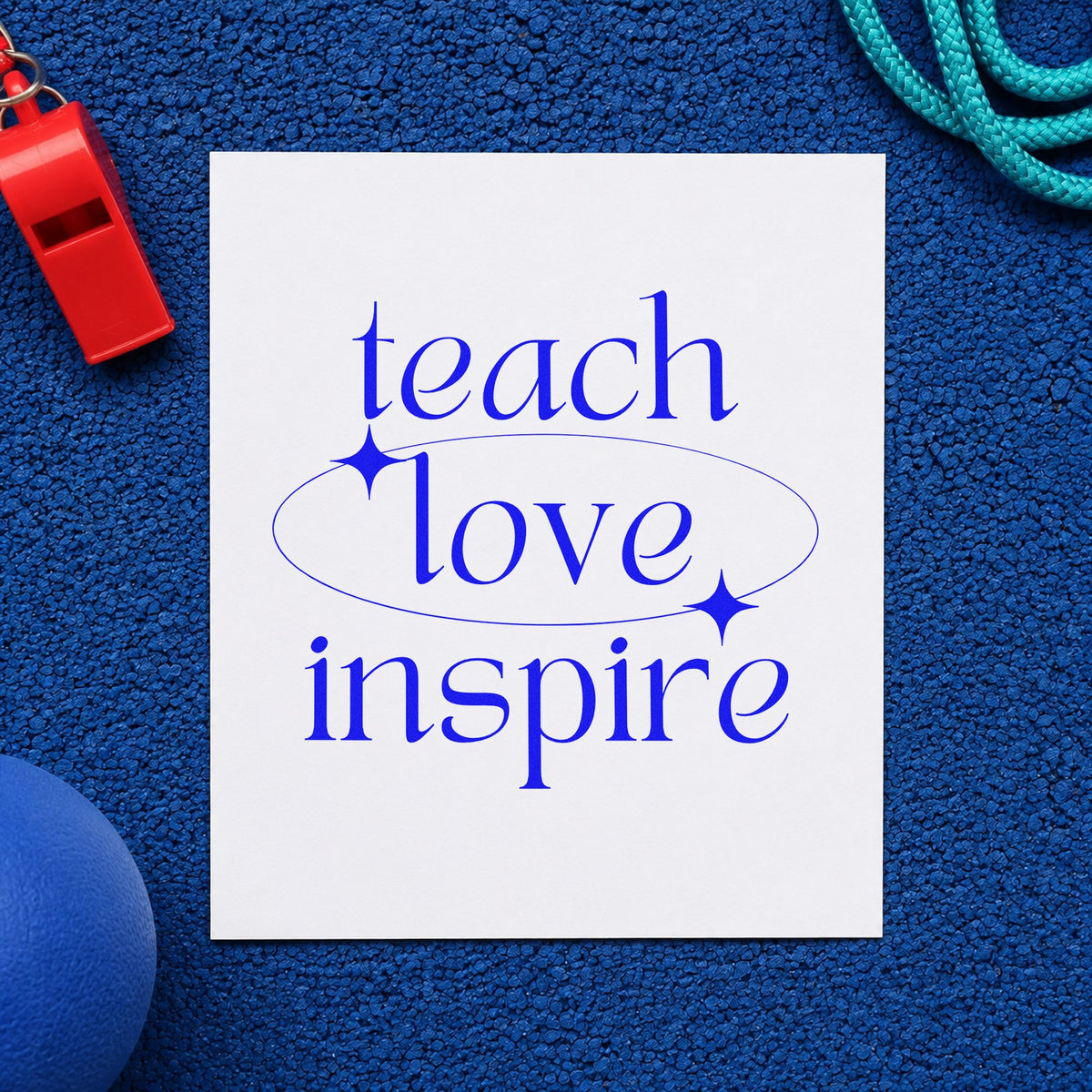 Teach Love Inspire Orbit craft stamp in blue ink on cardstock, an easy option for lab coat panels.