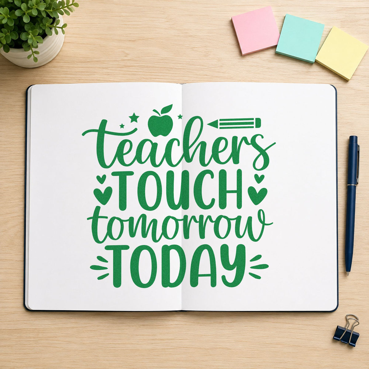 Teachers Touch Tomorrow Today craft stamp imprint in green ink on a handmade project, one idea being framed archive room.
