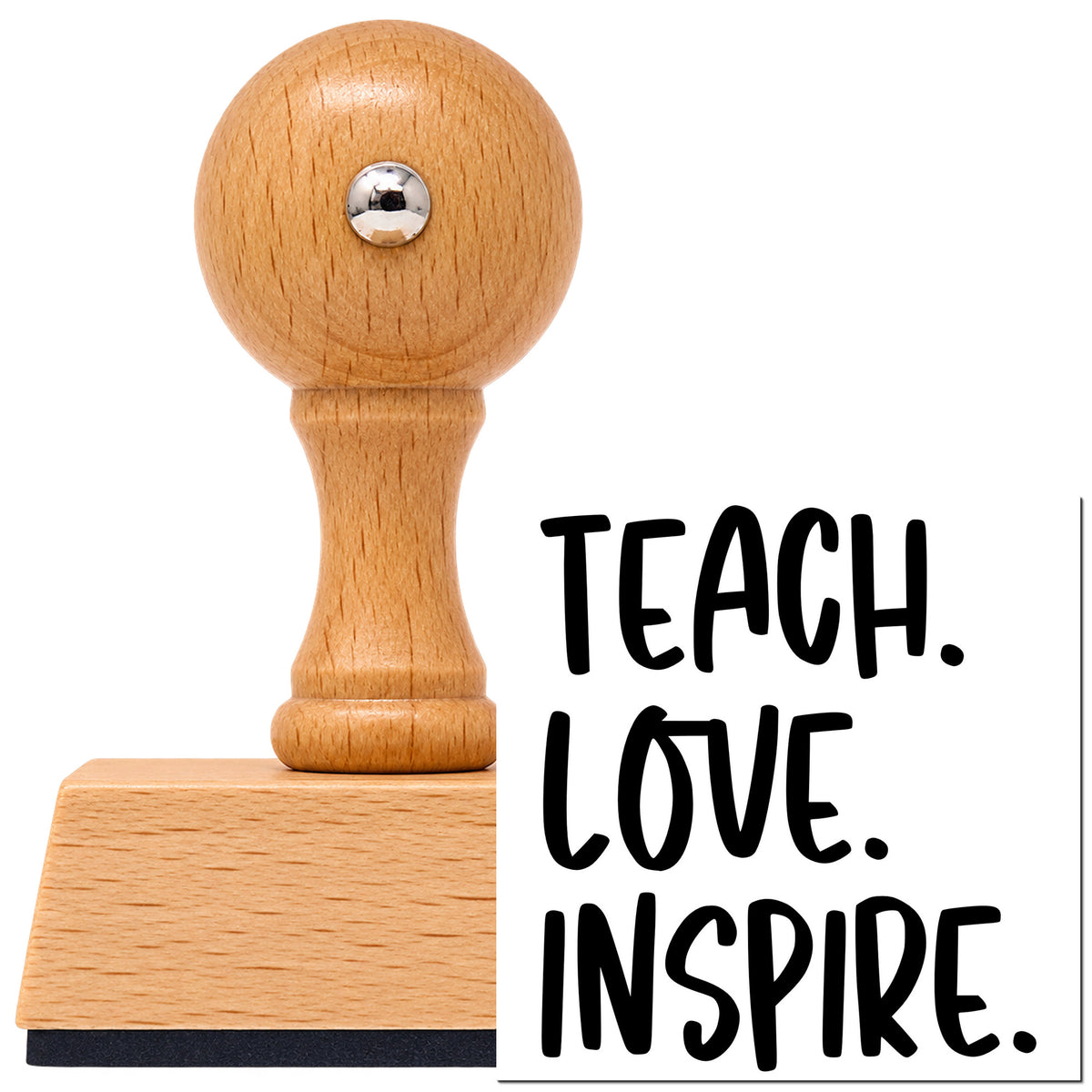 Vintage Pro beech wood stamp with a round knob handle, shown with its black Teach Love Inspire Capitals imprint on white.