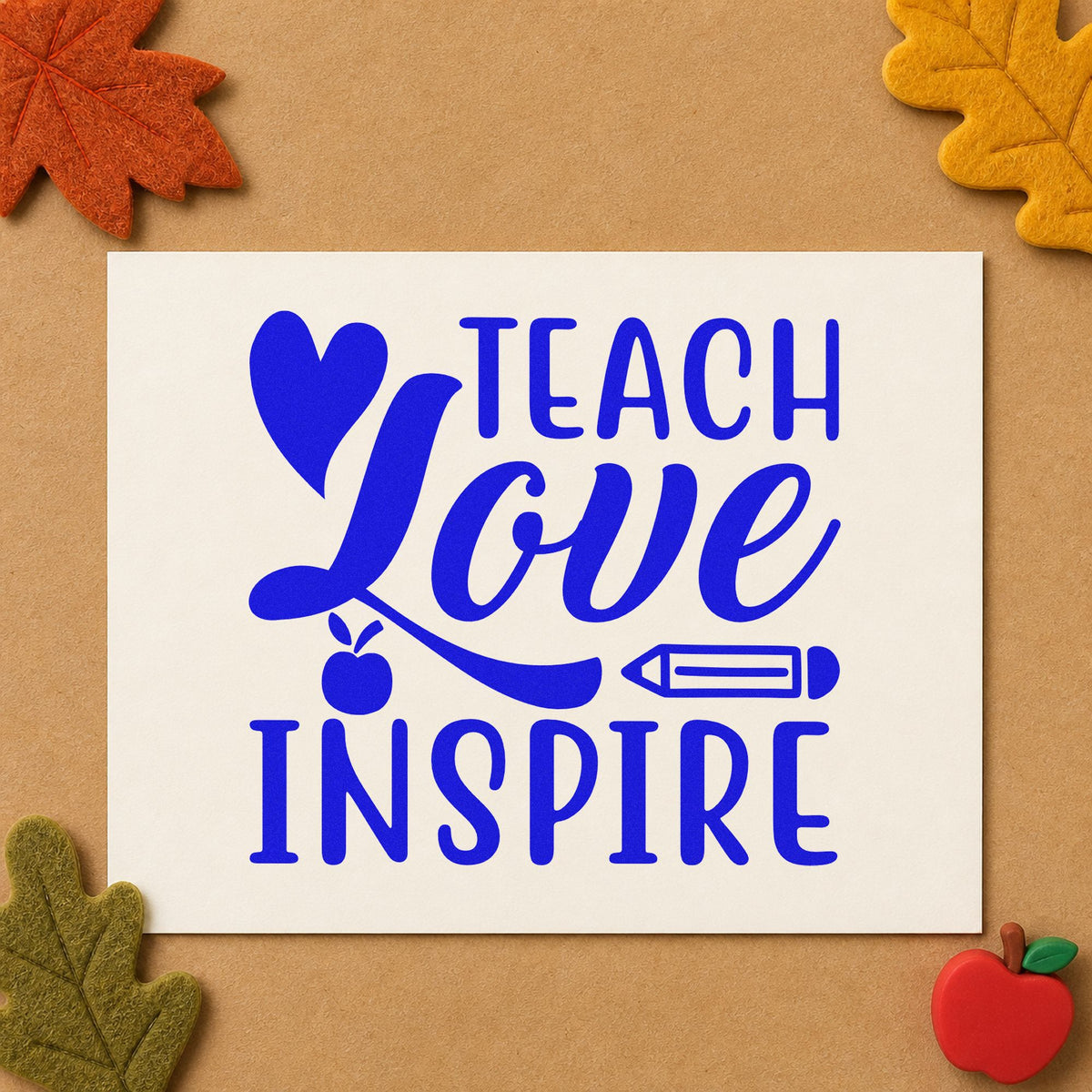 Teach Love Inspire Icons craft stamp imprinted in blue ink on paper, a design suited to card wallet seals.