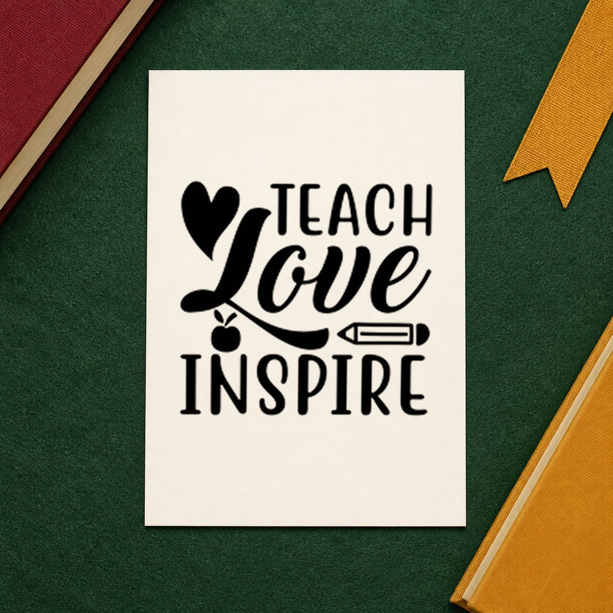 Teach Love Inspire Icons rubber stamp printed in black ink, ready for heart apple cards and similar paper crafts.