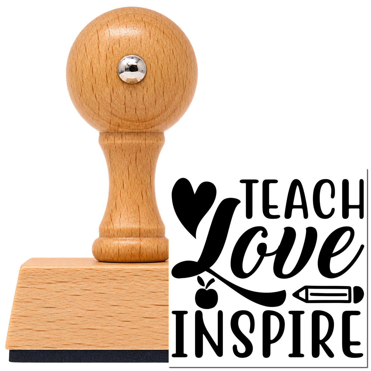 Vintage Pro beech wood stamp with a round knob handle, shown with its black Teach Love Inspire Icons Apple imprint on white.