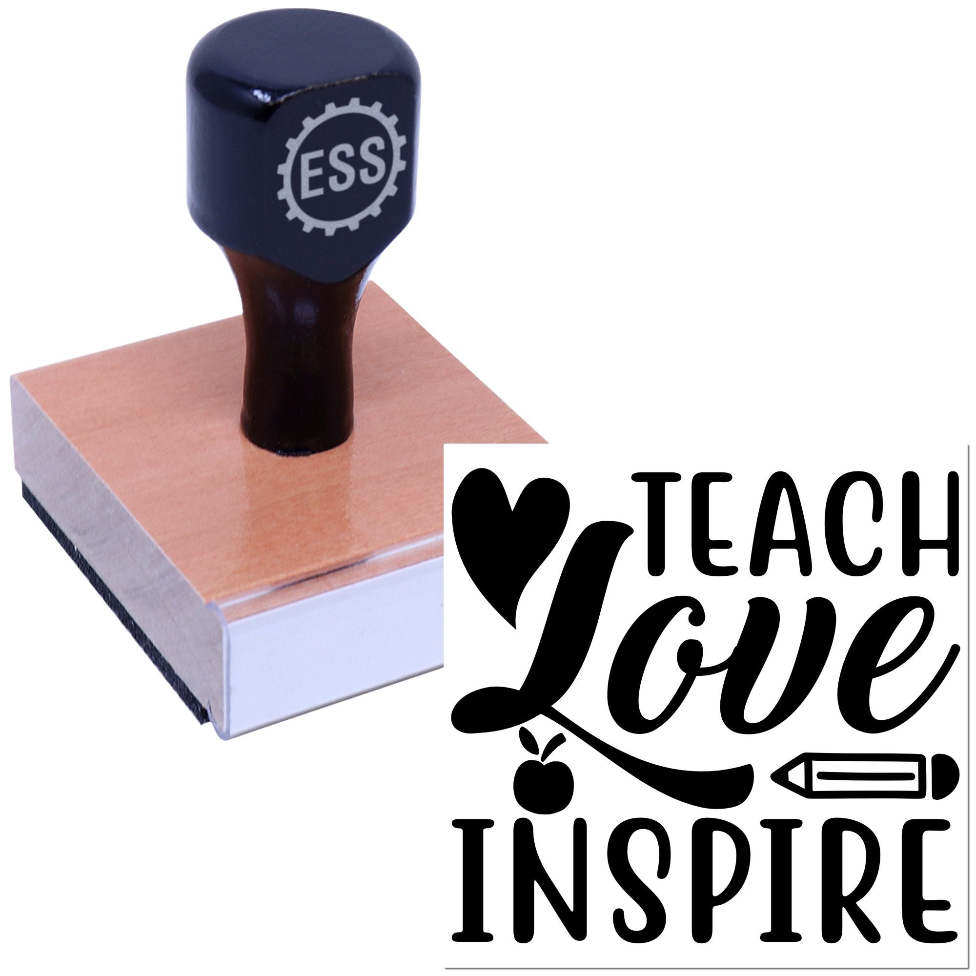 Dark blue custom stamp and seal on a wooden block, with Teach Love Inspire design in black.