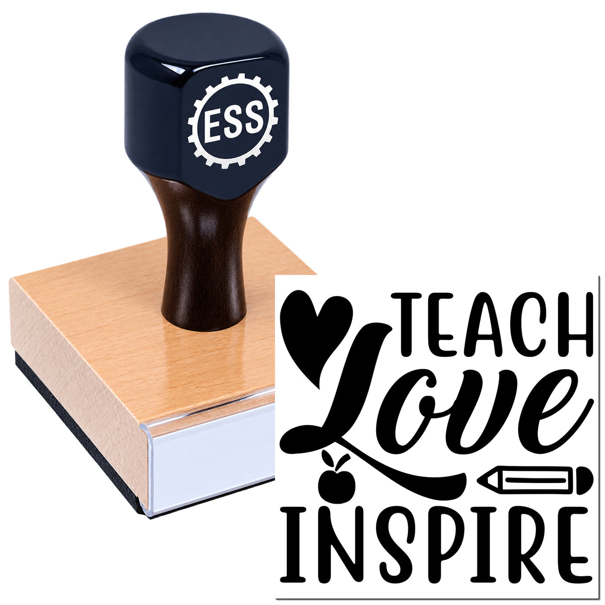 Dark blue custom stamp and seal on a wooden block, with "Teach Love Inspire" design in black.