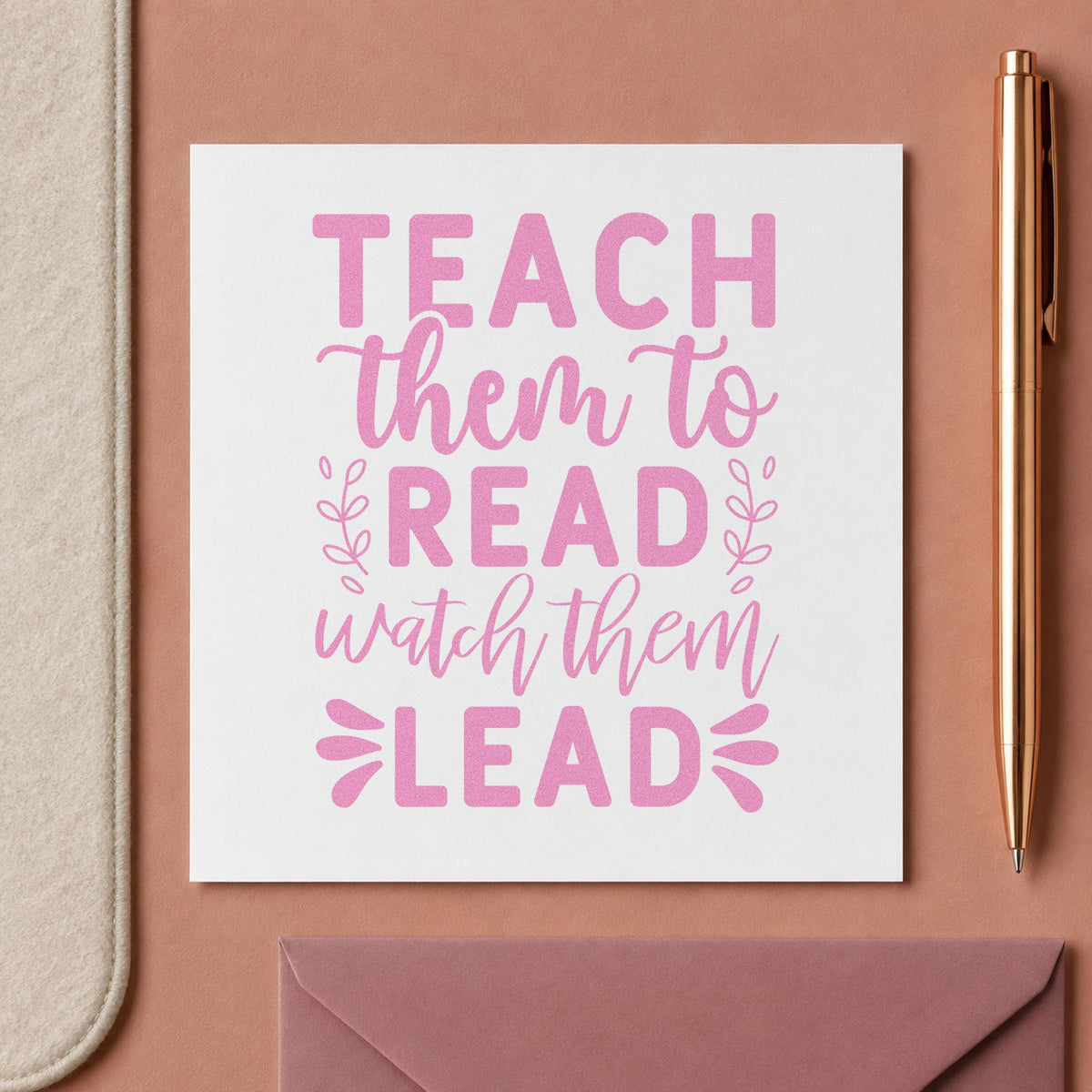 Teach Read Watch Lead craft stamp in purple ink on cardstock, an easy option for book prize tags.