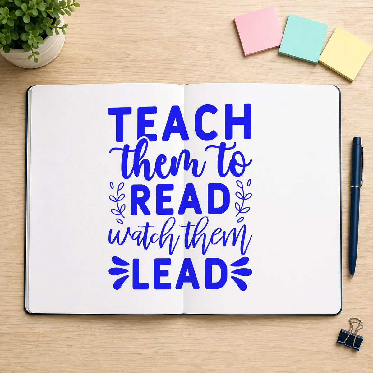 Teach Read Watch Lead craft stamp in blue ink on cardstock, an easy option for story sack panels.