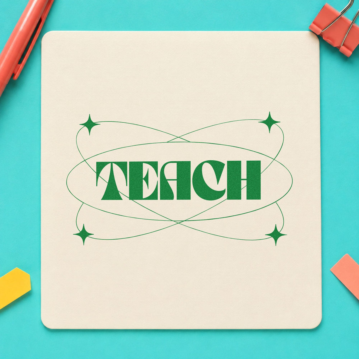Teach With Orbit Sparkles craft stamp imprint in green ink on a handmade project, one idea being method sheet pages.
