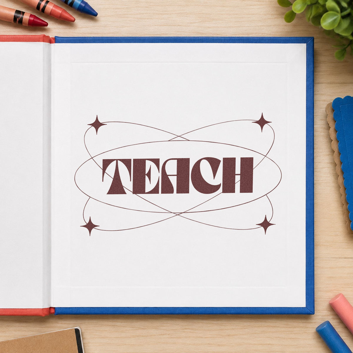 Teach With Orbit Sparkles rubber stamp printed in brown ink, ready for circuit box labels and similar paper crafts.