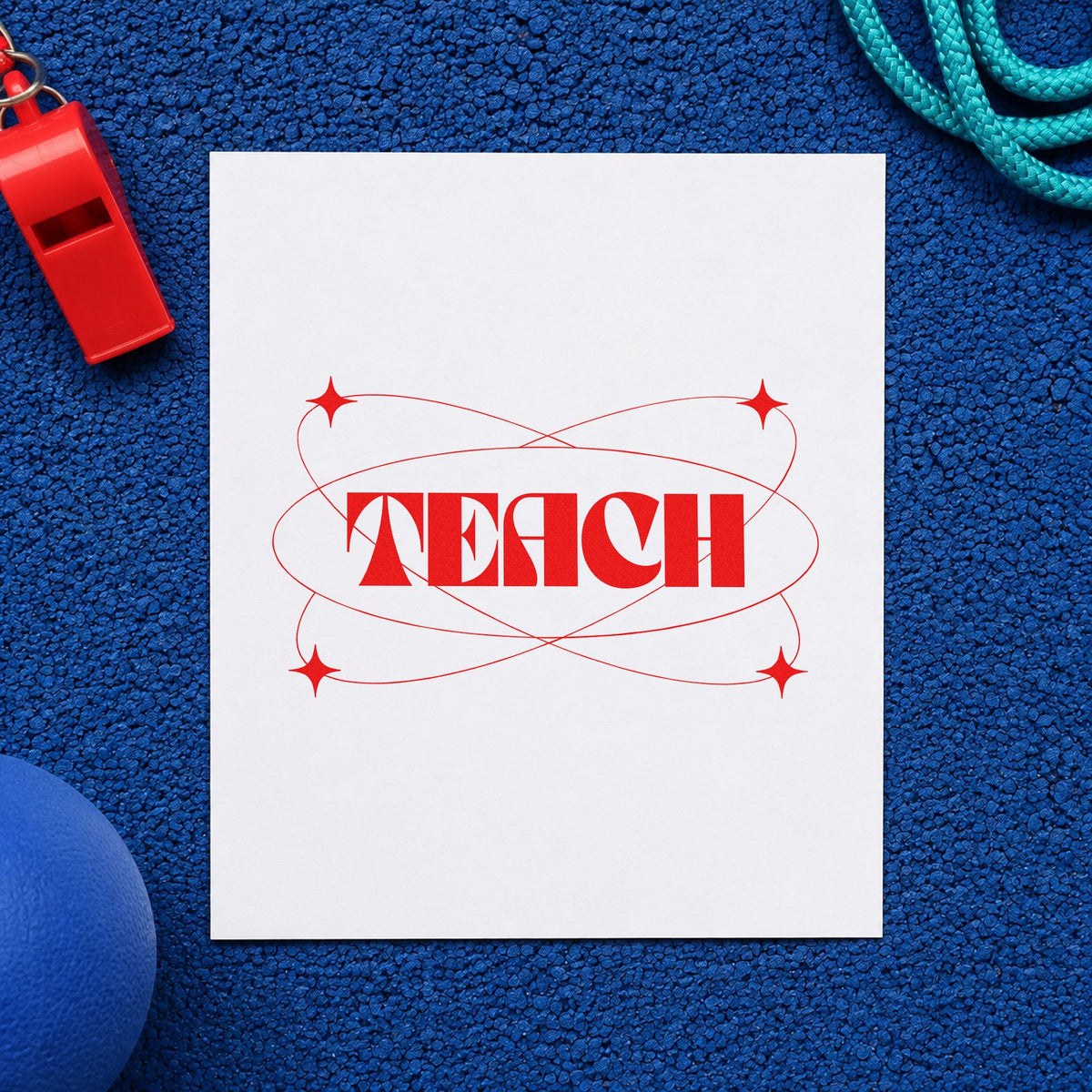 Teach With Orbit Sparkles rubber stamp shown in red ink, stamped for projects such as observation night notes.