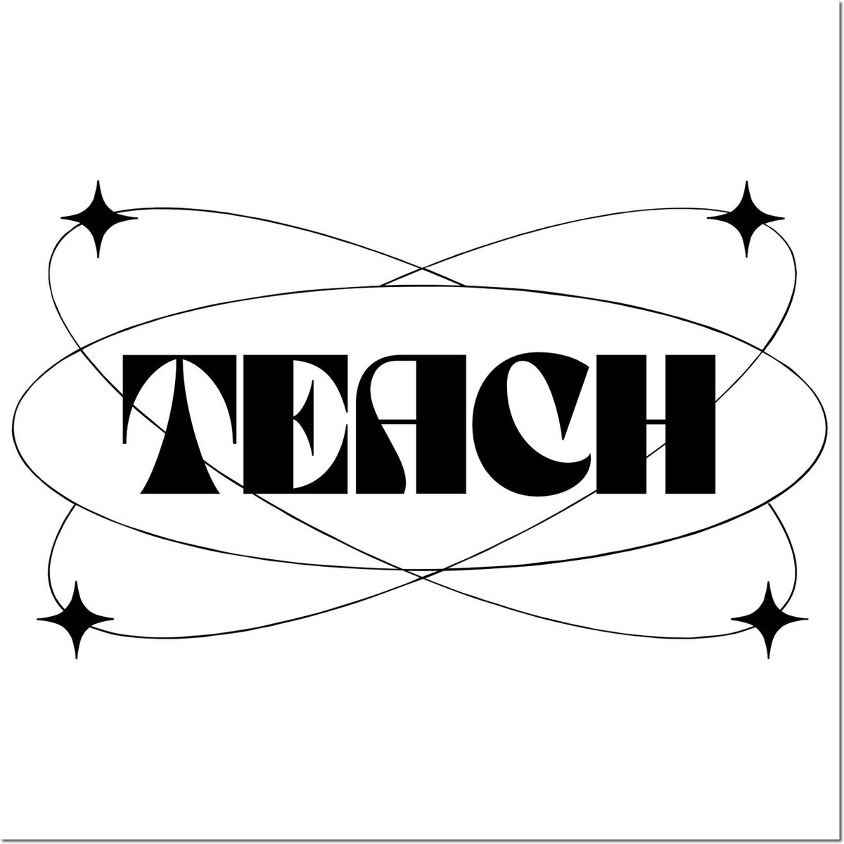 Black TEACH stamp and seal logo with looping oval lines and star accents on a white background.