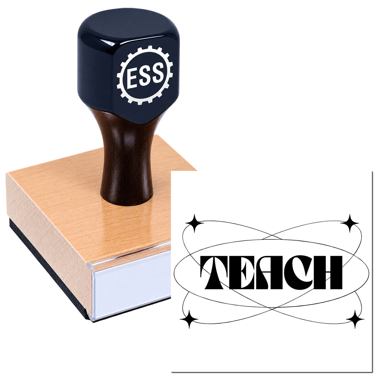 Dark navy rubber stamp on pink wooden block beside black decorative seal with TESH lettering.