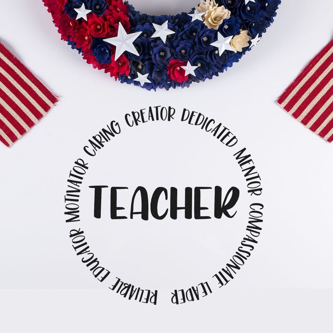 Teacher stamp and seal with black lettering, red, navy, and cream patriotic star wreath, plus red-striped accents.