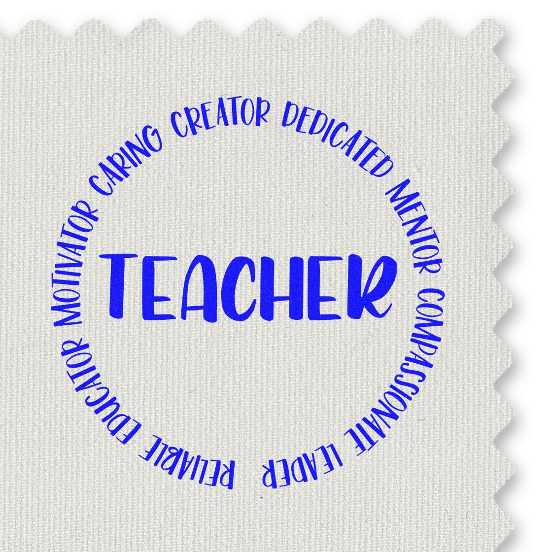 Blue teacher stamp seal with circular text: caring, dedicated, mentor, compassionate, on white textured background.