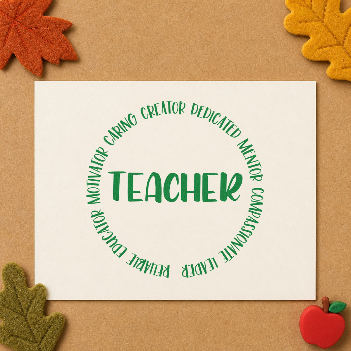 Teacher Circular Qualities craft stamp imprint in green ink on a handmade project, one idea being role profile pages.