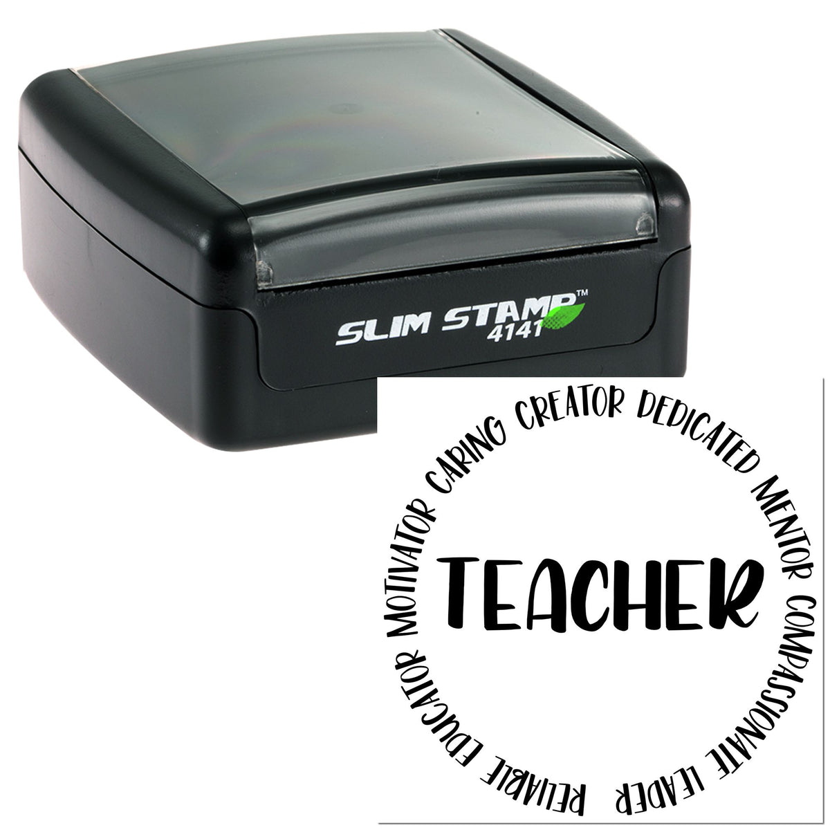 Black slim self-inking stamp with translucent gray top and a teacher seal design in black text.
