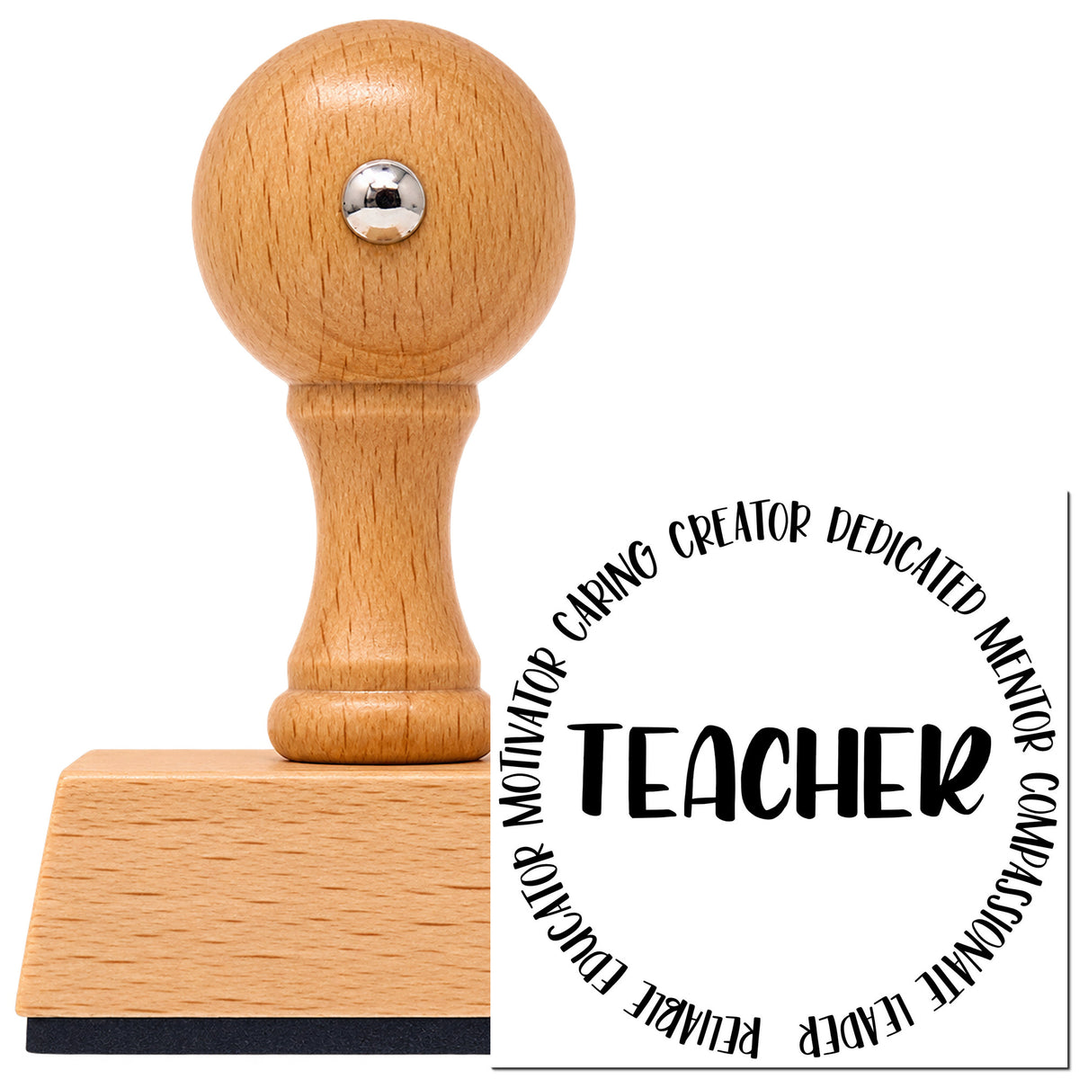 Vintage Pro beech wood stamp with a round knob handle, shown with its black Teacher Qualities Circular Word Art imprint on white.