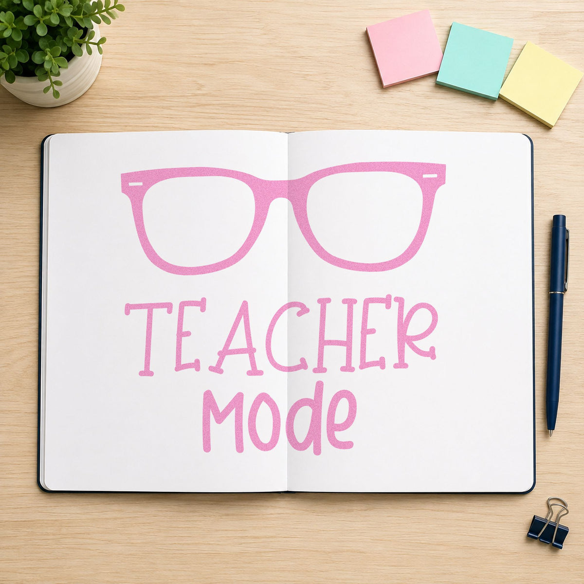 Teacher Mode Eyeglasses craft stamp in purple ink on cardstock, an easy option for optician gift tags.