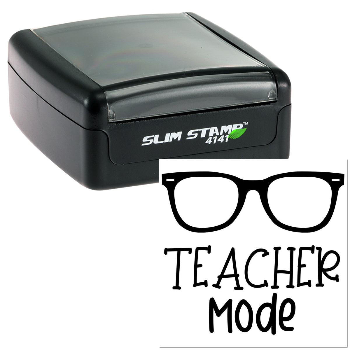 Black Slim Stamp 4141 self-inking seal with teacher mode glasses graphic and text on a white background.