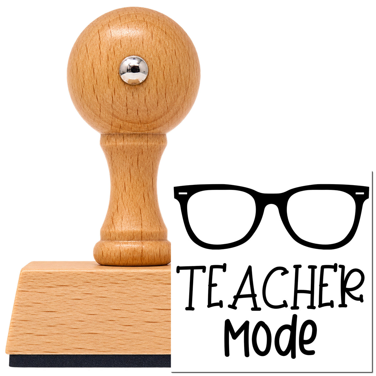 Vintage Pro beech wood stamp with a round knob handle, shown with its black Teacher Mode Eyeglasses imprint on white.