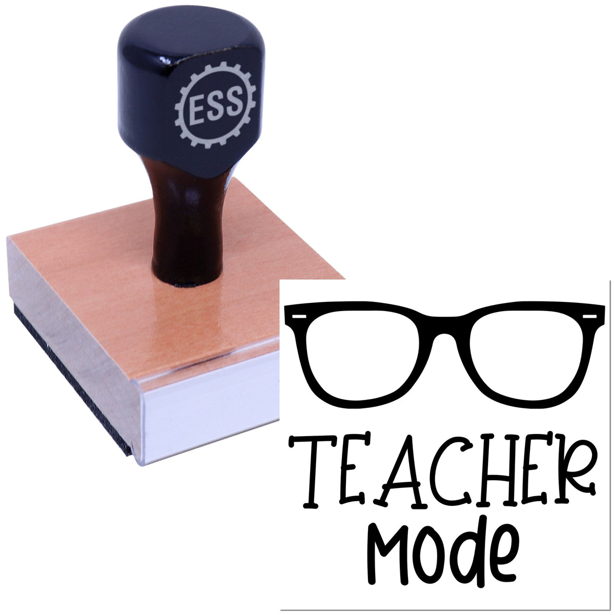Dark blue ESSL stamp on pink wooden block with black eyeglasses icon and Teacher Mode text.