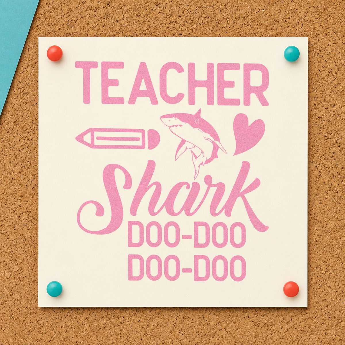 Teacher Shark Doo Doo craft stamp in purple ink on cardstock, an easy option for sing along tags.