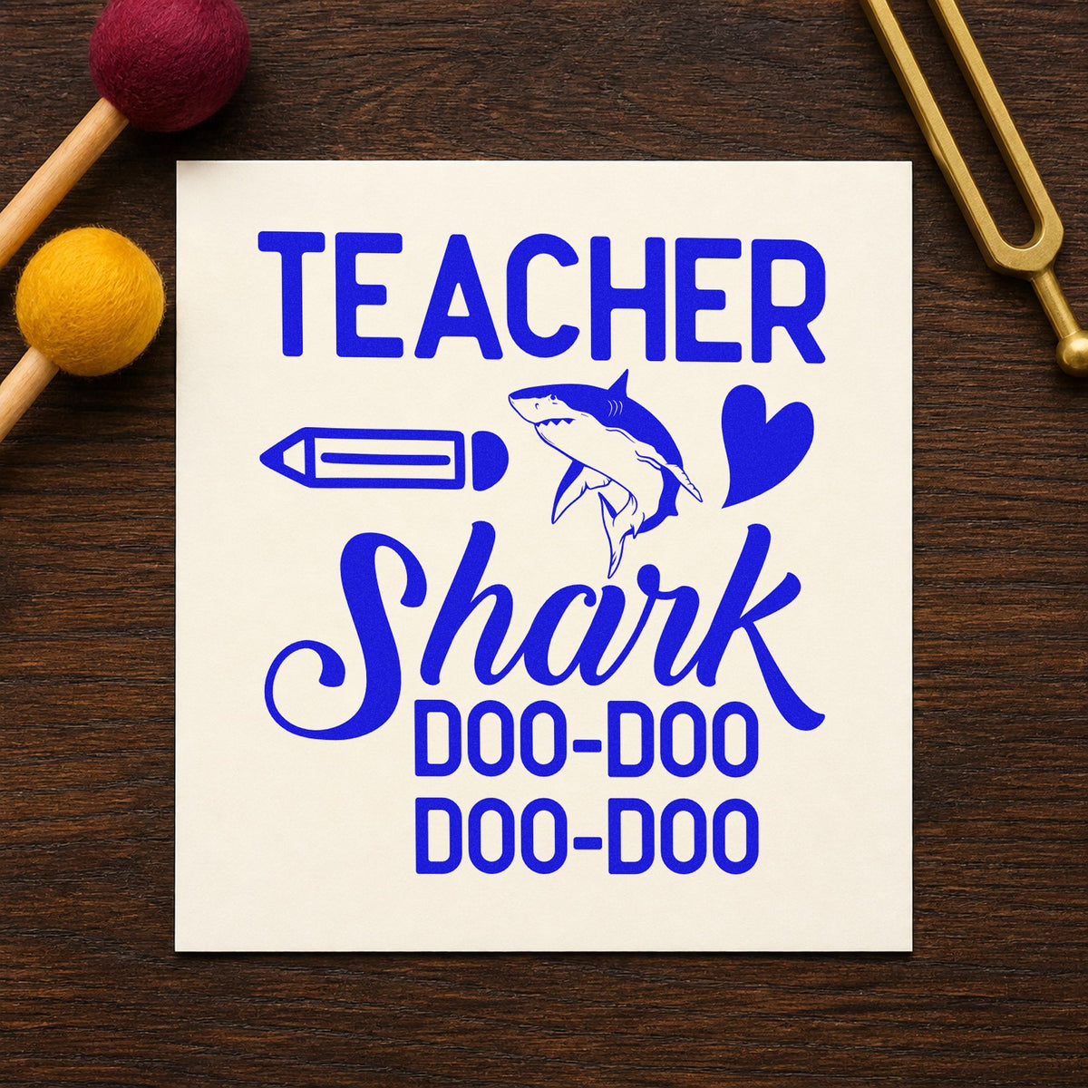Teacher Shark Doo Doo craft stamp in blue ink on cardstock, an easy option for swim kit panels.