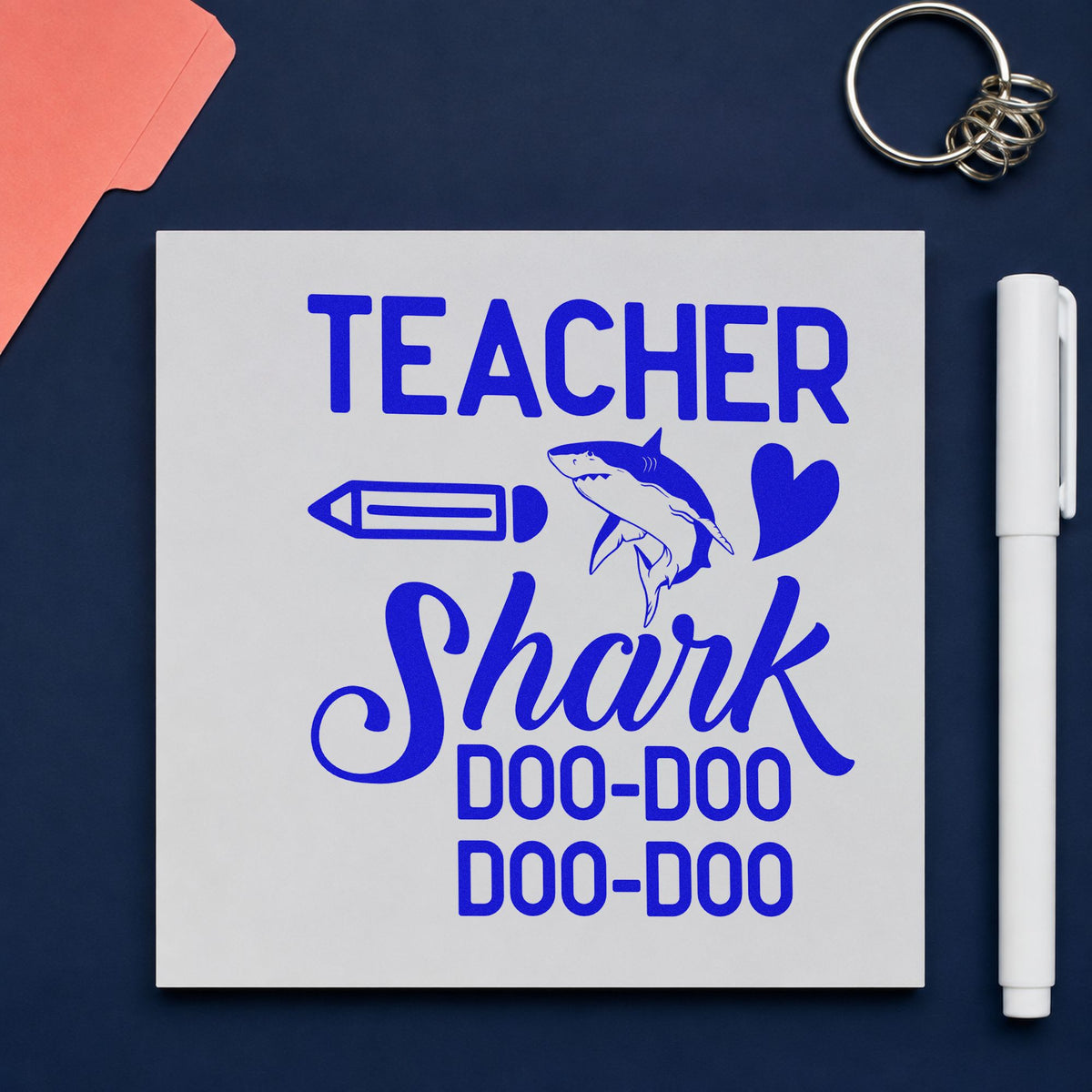 Teacher Shark Doo Doo craft stamp imprinted in blue ink on paper, a design suited to sea topic seals.