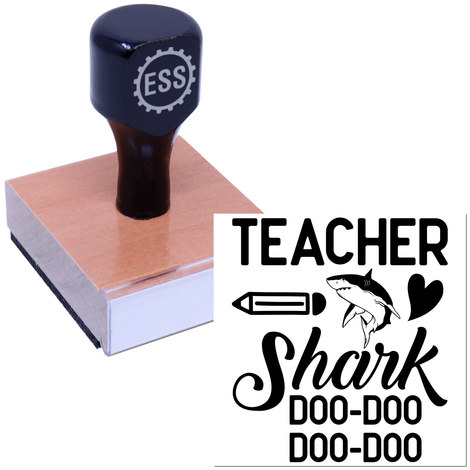 Dark navy ESS rubber stamp and seal with wooden base, featuring teacher shark doodle design.