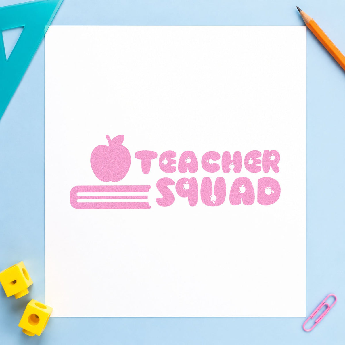 Teacher Squad Apple Pencil craft stamp in purple ink on cardstock, an easy option for year group tags.