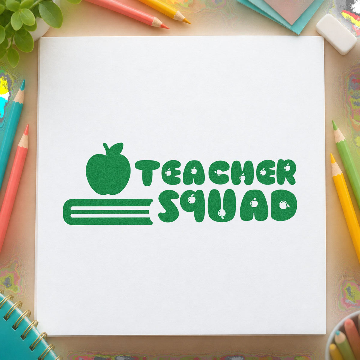 Teacher Squad Apple Pencil craft stamp imprint in green ink on a handmade project, one idea being meeting agenda pages.
