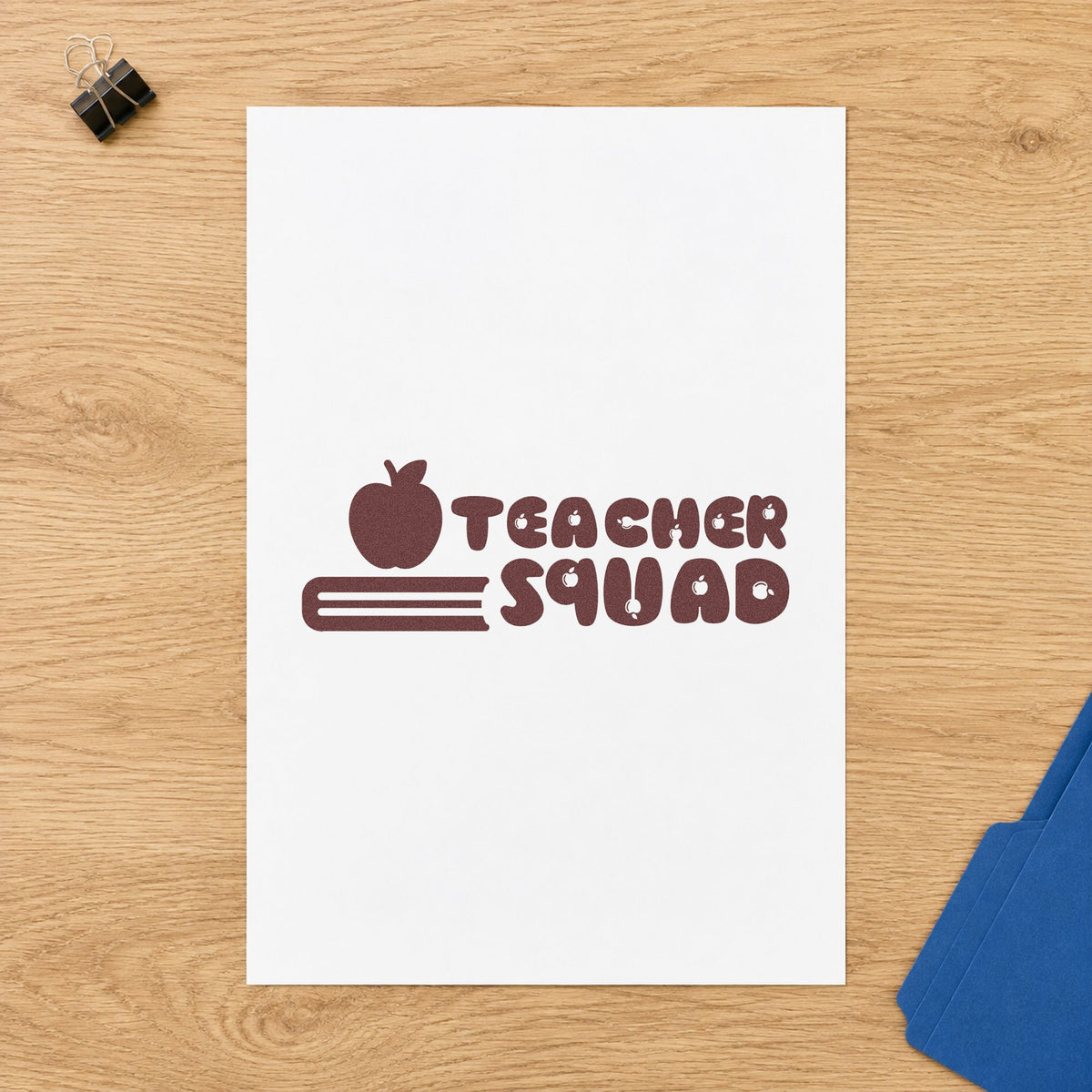 Teacher Squad Apple Pencil rubber stamp printed in brown ink, ready for tray stack labels and similar paper crafts.