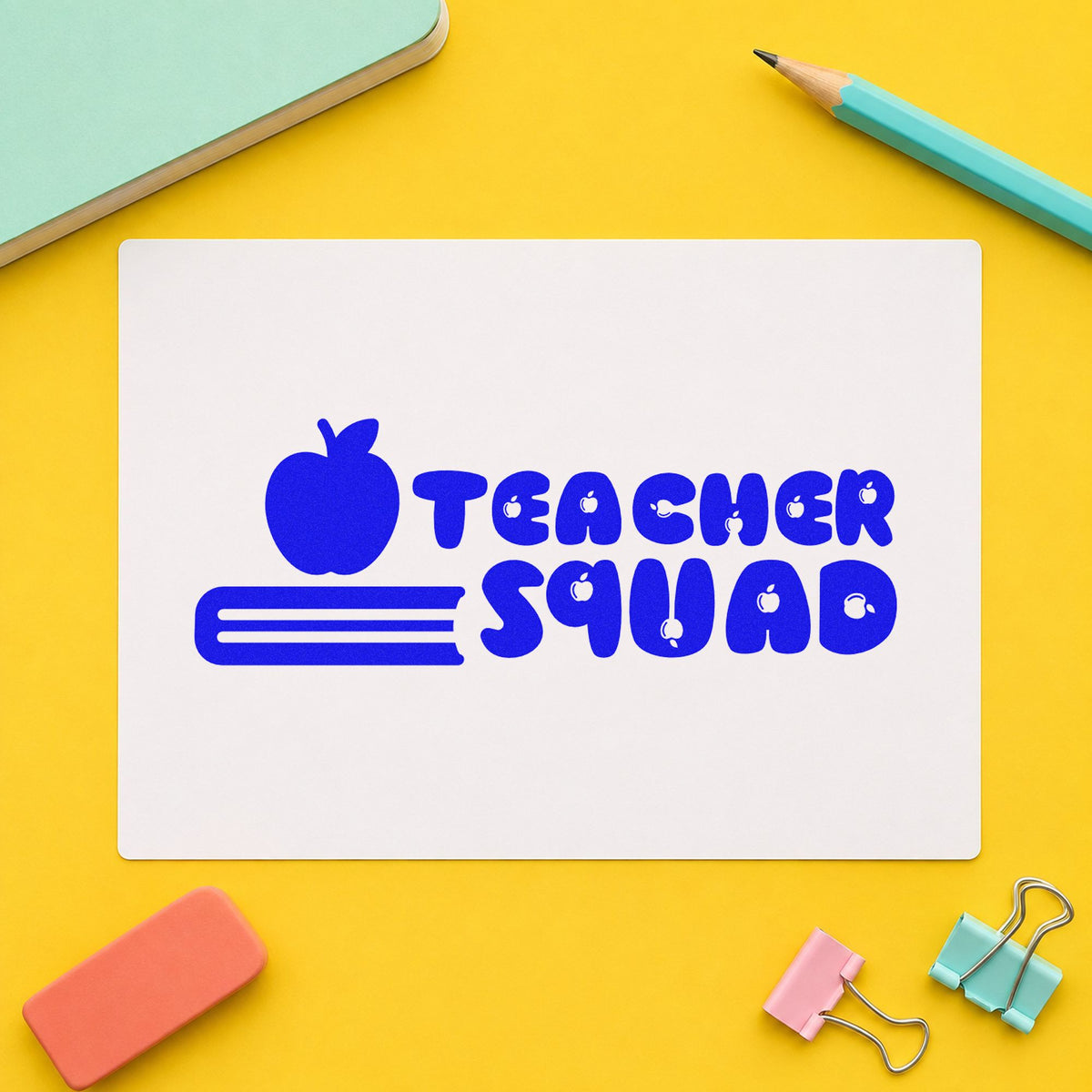 Teacher Squad Apple Pencil craft stamp in blue ink on cardstock, an easy option for fleece arm panels.